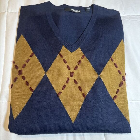 Murano Acrylic V-Neck Lightweight Pullover Sweater Navy Argyle Size Large L - Picture 13 of 13